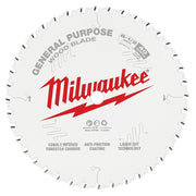 White circular saw blade with 40 teeth and Milwaukee branding, labeled for general purpose woodblade use.