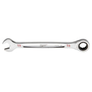 Silver Milwaukee 5/8 in. ratcheting combination wrench with open end on left and ratchet socket head on right.