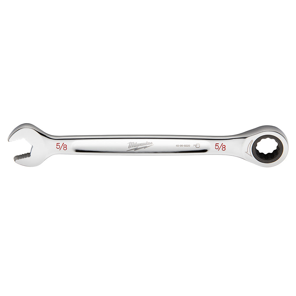 Silver Milwaukee 5/8 in. ratcheting combination wrench with open end on left and ratchet socket head on right.
