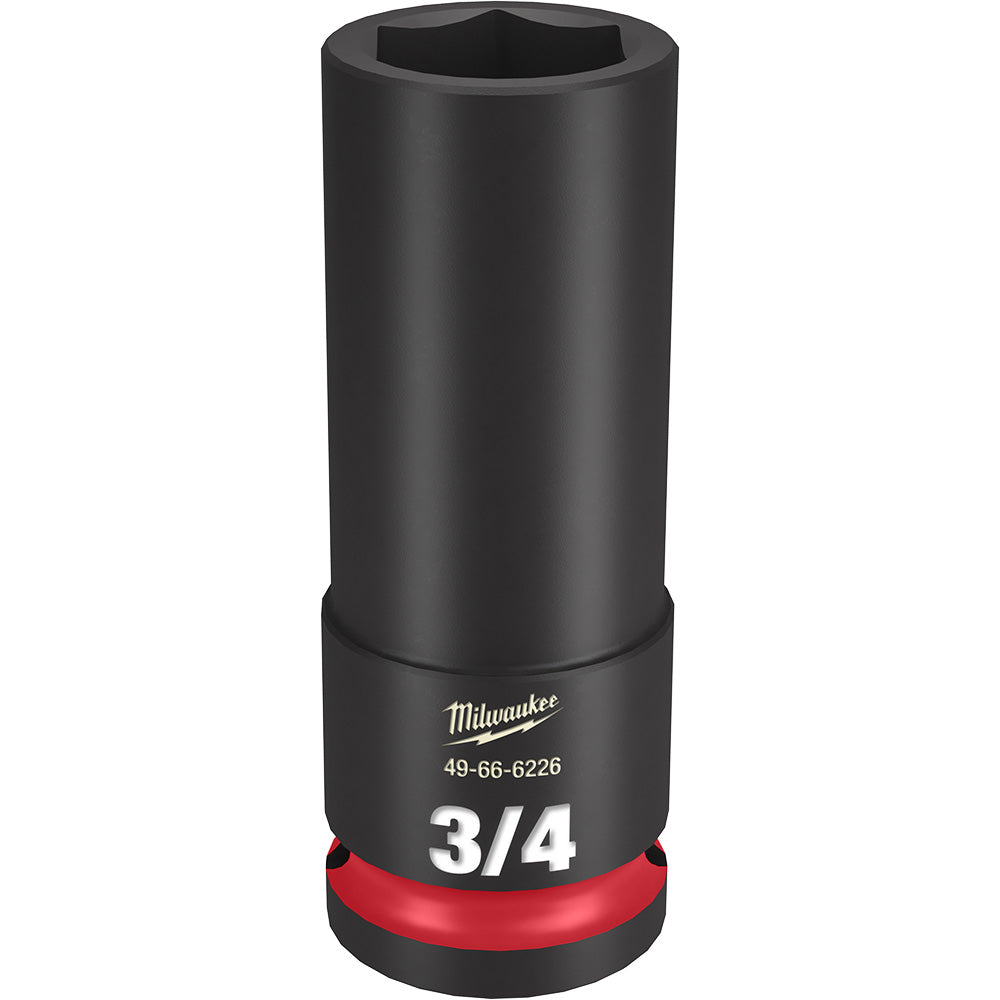 Black Milwaukee deep socket with 3/4" size marking, hexagonal opening, and red grip ring at base.