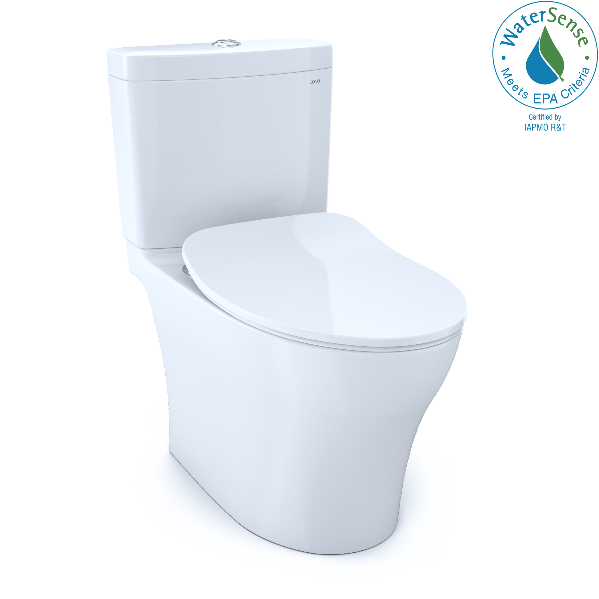 White two-piece elongated toilet with soft-close seat and matching tank.