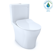 White two-piece elongated toilet with soft-close seat and matching tank.