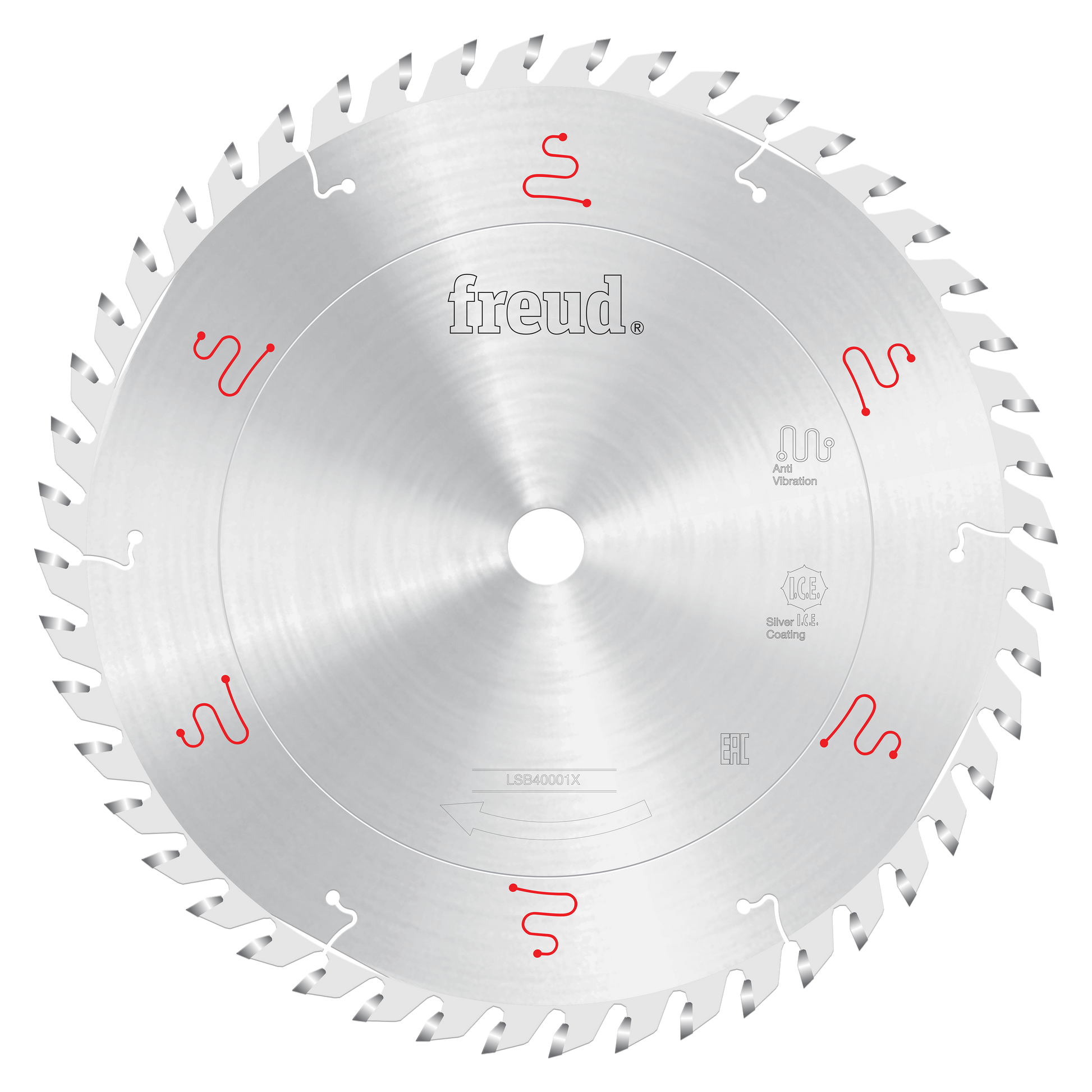Freud 400mm circular saw blade with silver-coated teeth and red alignment markings for horizontal beam saws.