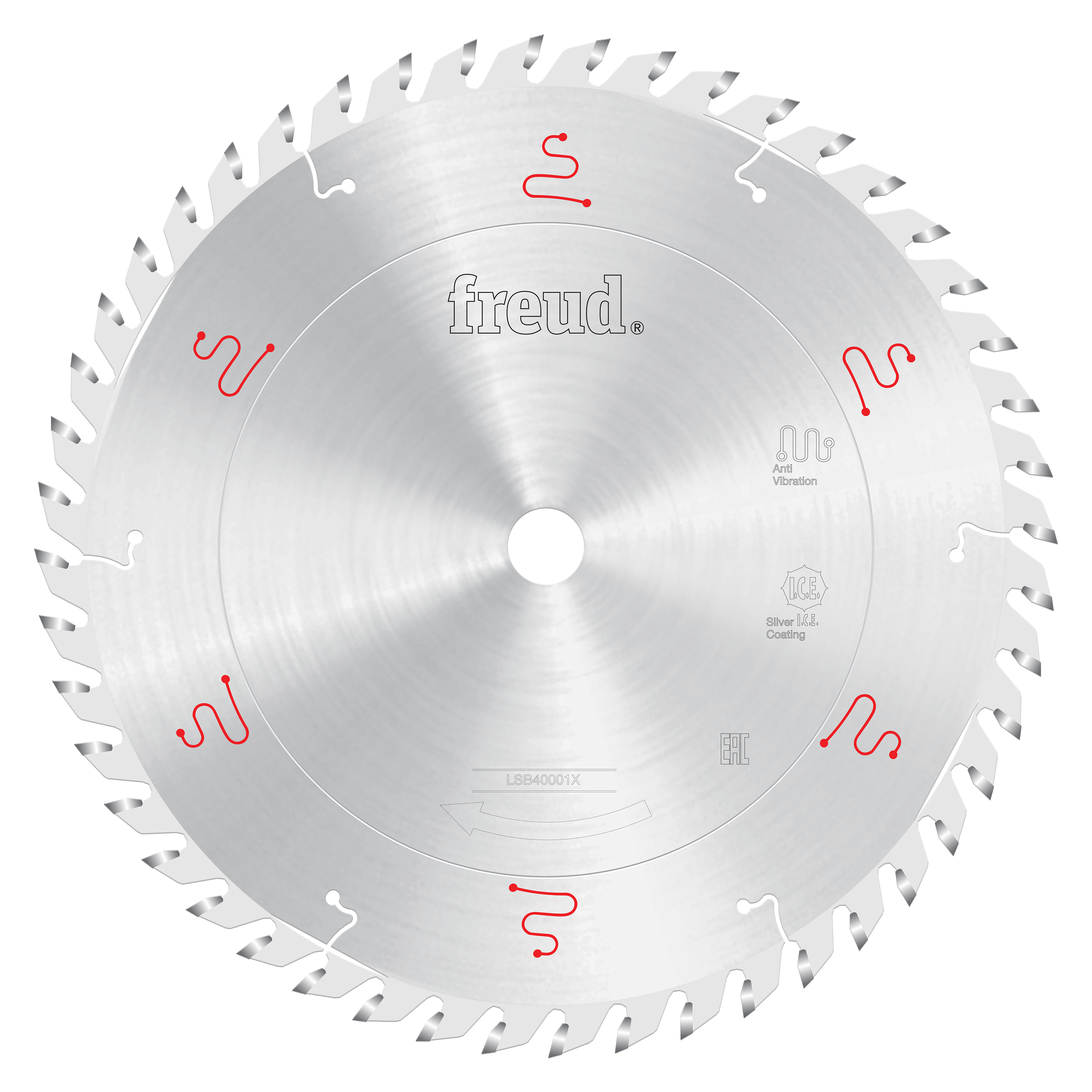 Freud 400mm circular saw blade with silver-coated teeth and red alignment markings for horizontal beam saws.