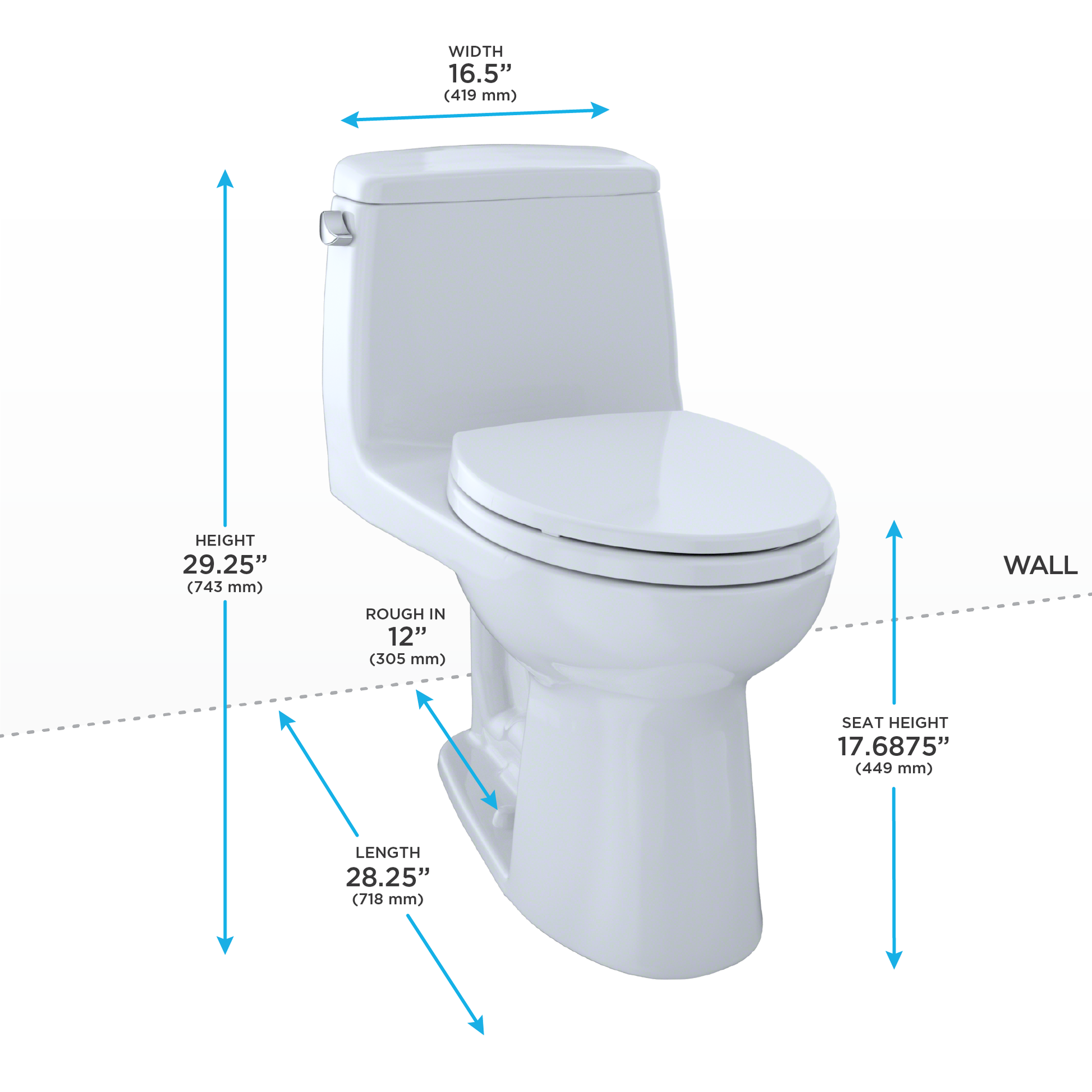 White elongated one-piece toilet with soft-close seat and dimensions marked: 16.5" width, 29.25" height, 28.25" length, 12" r