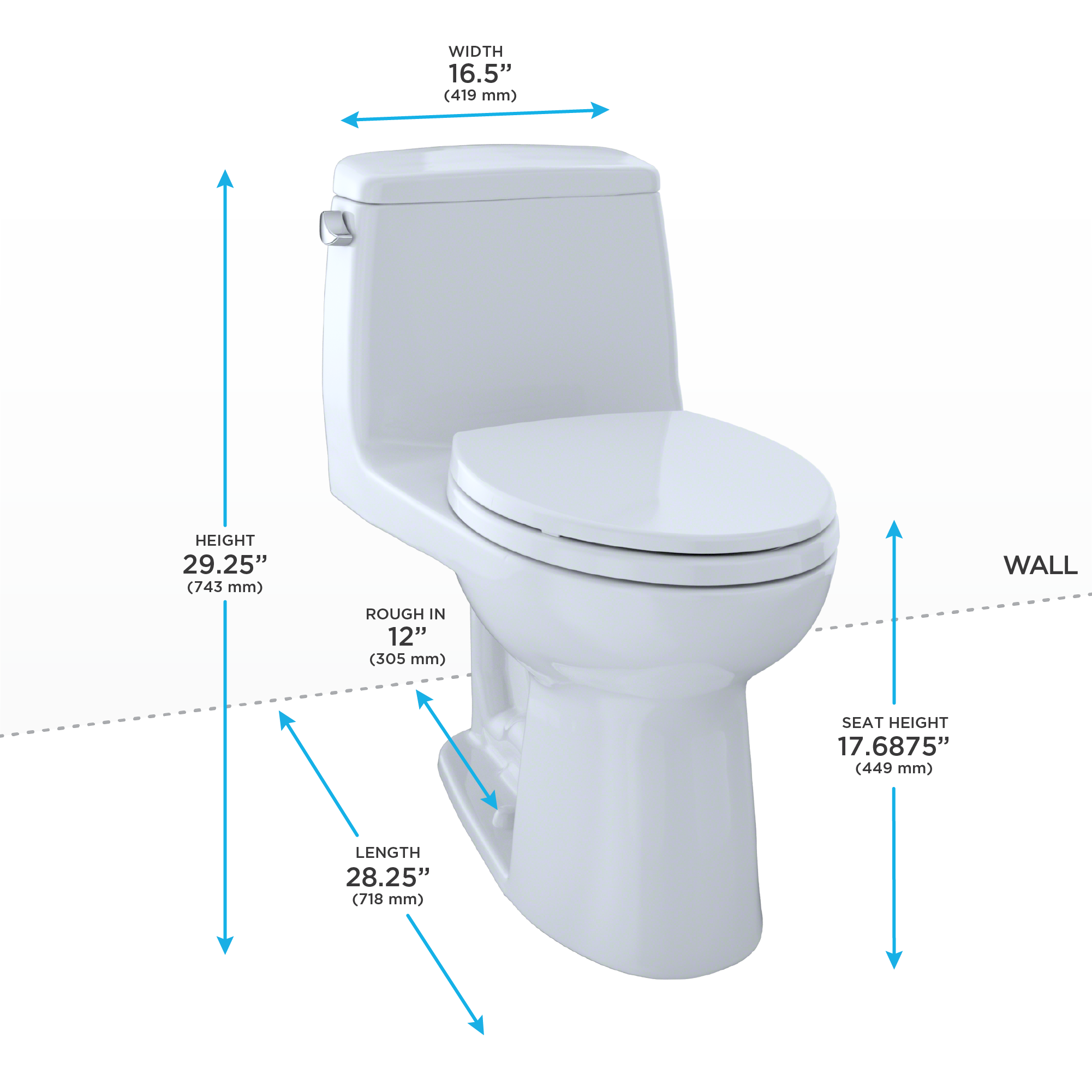 White elongated one-piece toilet with soft-close seat and dimensions marked: 16.5" width, 29.25" height, 28.25" length, 12" r