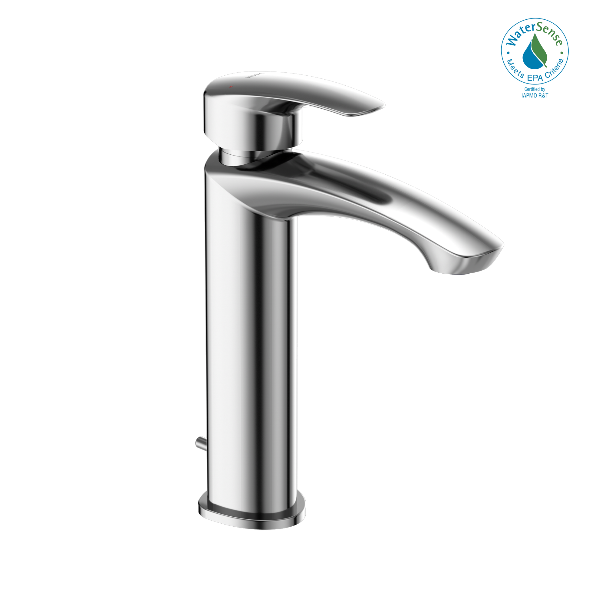 Polished chrome single handle bathroom faucet with curved spout and cylindrical base.