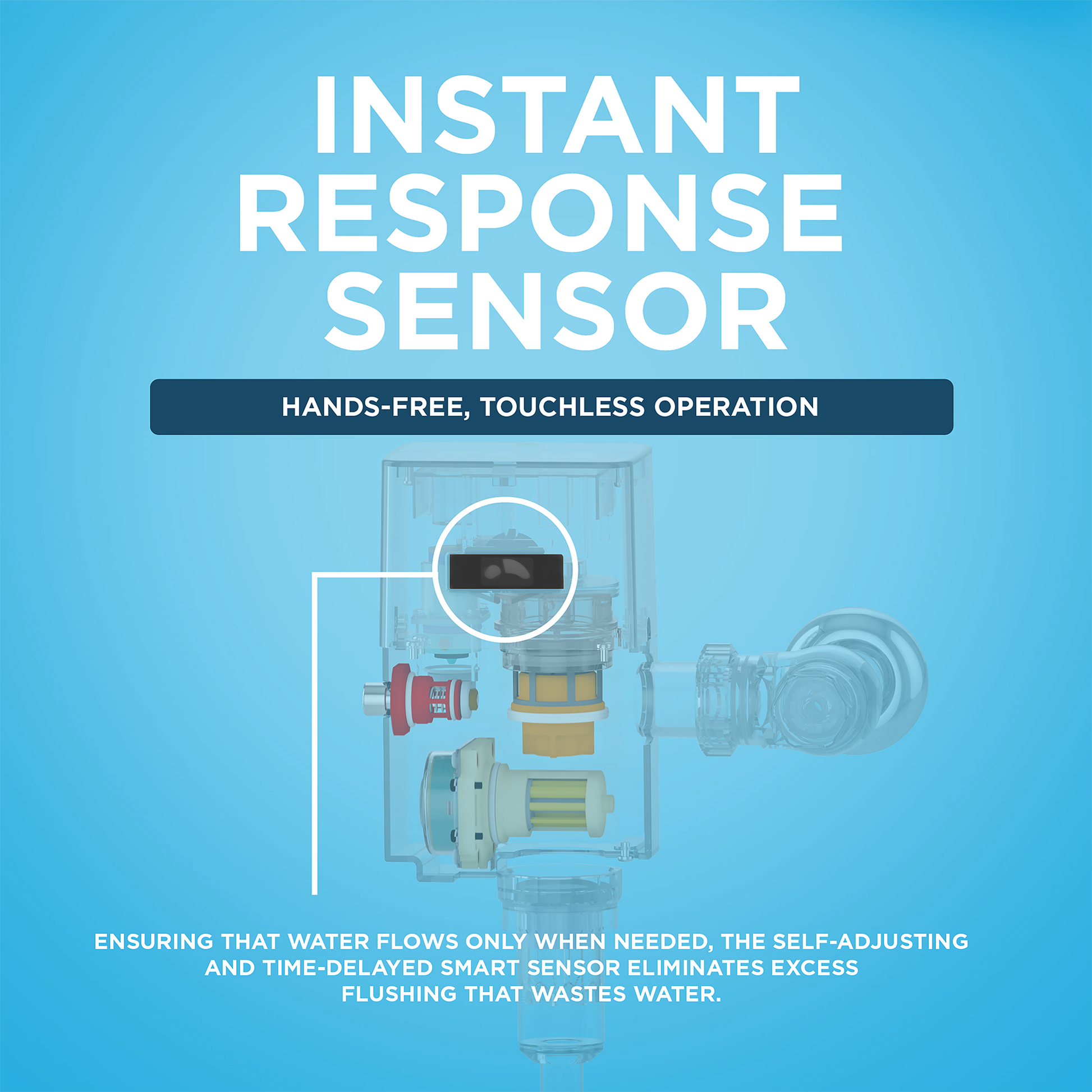 Touchless toilet flushometer valve with sensor highlighted, showing internal components and vacuum breaker on polished chrome