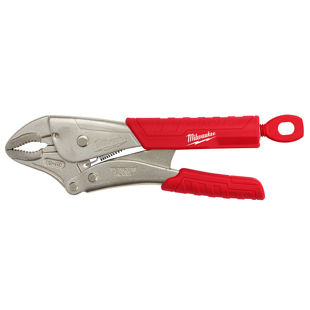 Milwaukee 10-inch curved jaw locking pliers with metal body and red rubber grip handles.
