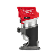 Red and silver Milwaukee M18 FUEL compact router with digital depth display and black grip handle.