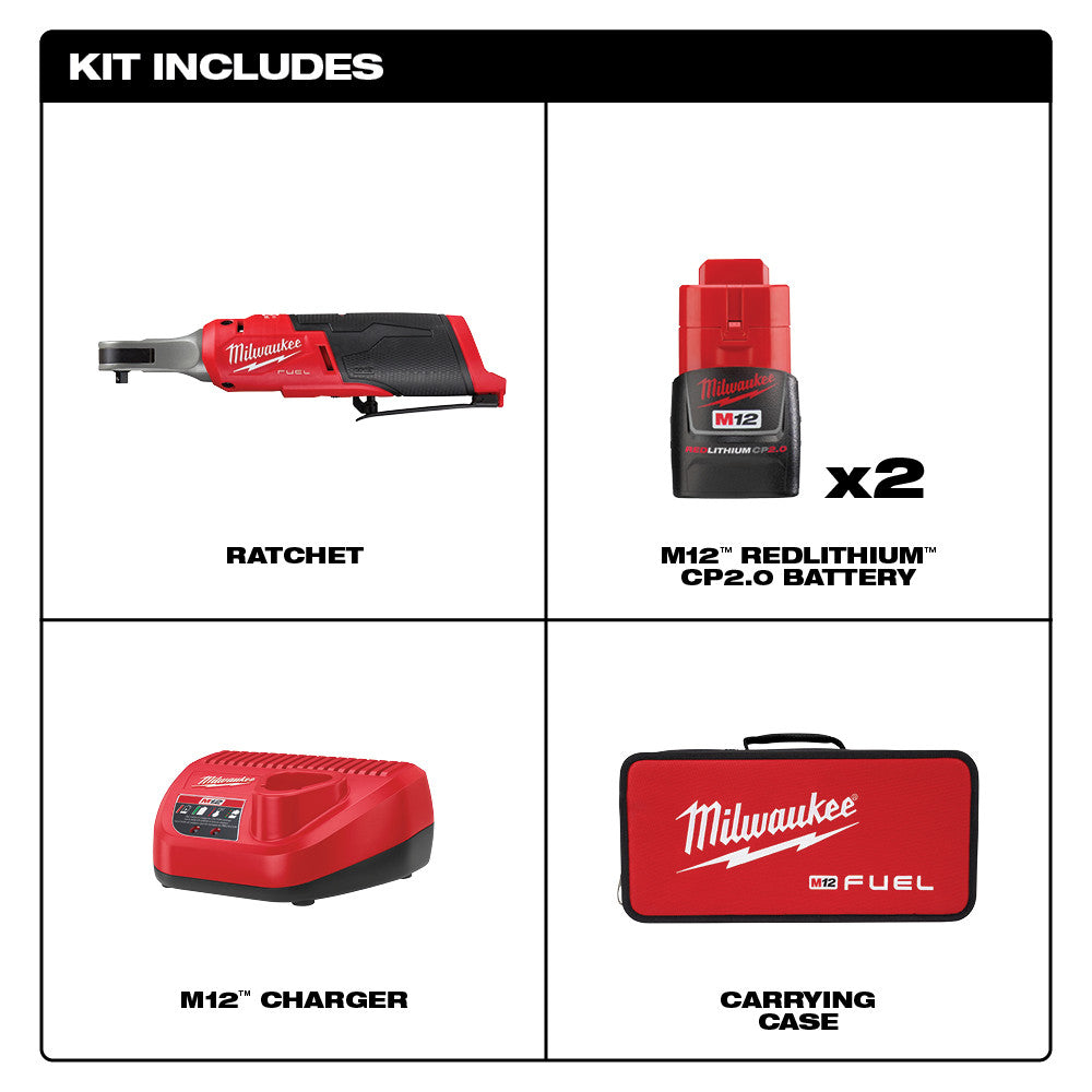 Red and black M12 FUEL ratchet with two batteries, charger, and carrying case.