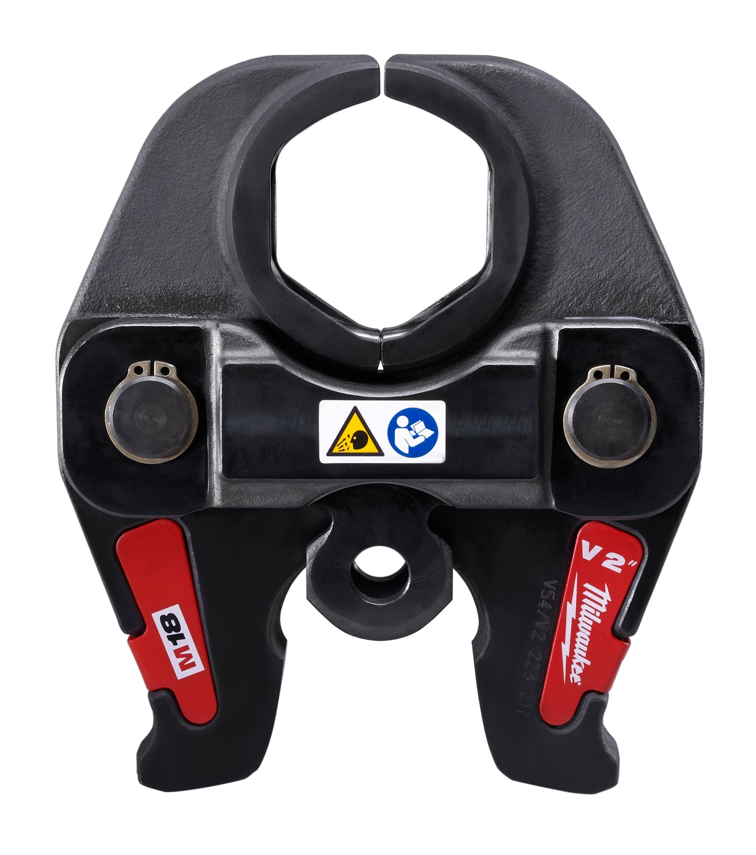 Black and red Milwaukee M18 press jaw with hexagonal opening, dual connection points, and safety warning labels.