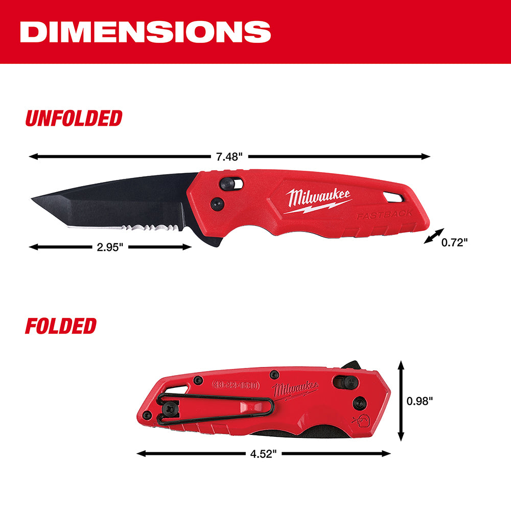 Milwaukee FASTBACK folding knife with red handle and black blade shown unfolded and folded with dimensions.