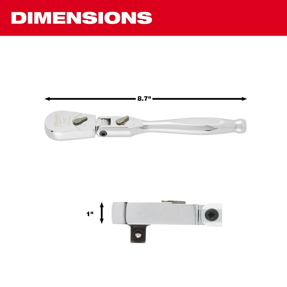 Silver 3/8" drive flex head ratchet with 8.7" overall length and articulating joint mechanism.