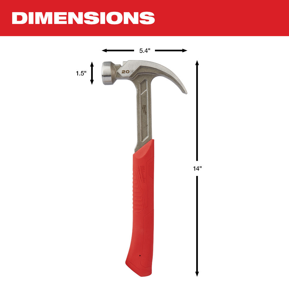20 oz curved claw hammer with smooth face, 14" total length, red grip handle and metal head with dimensions marked.