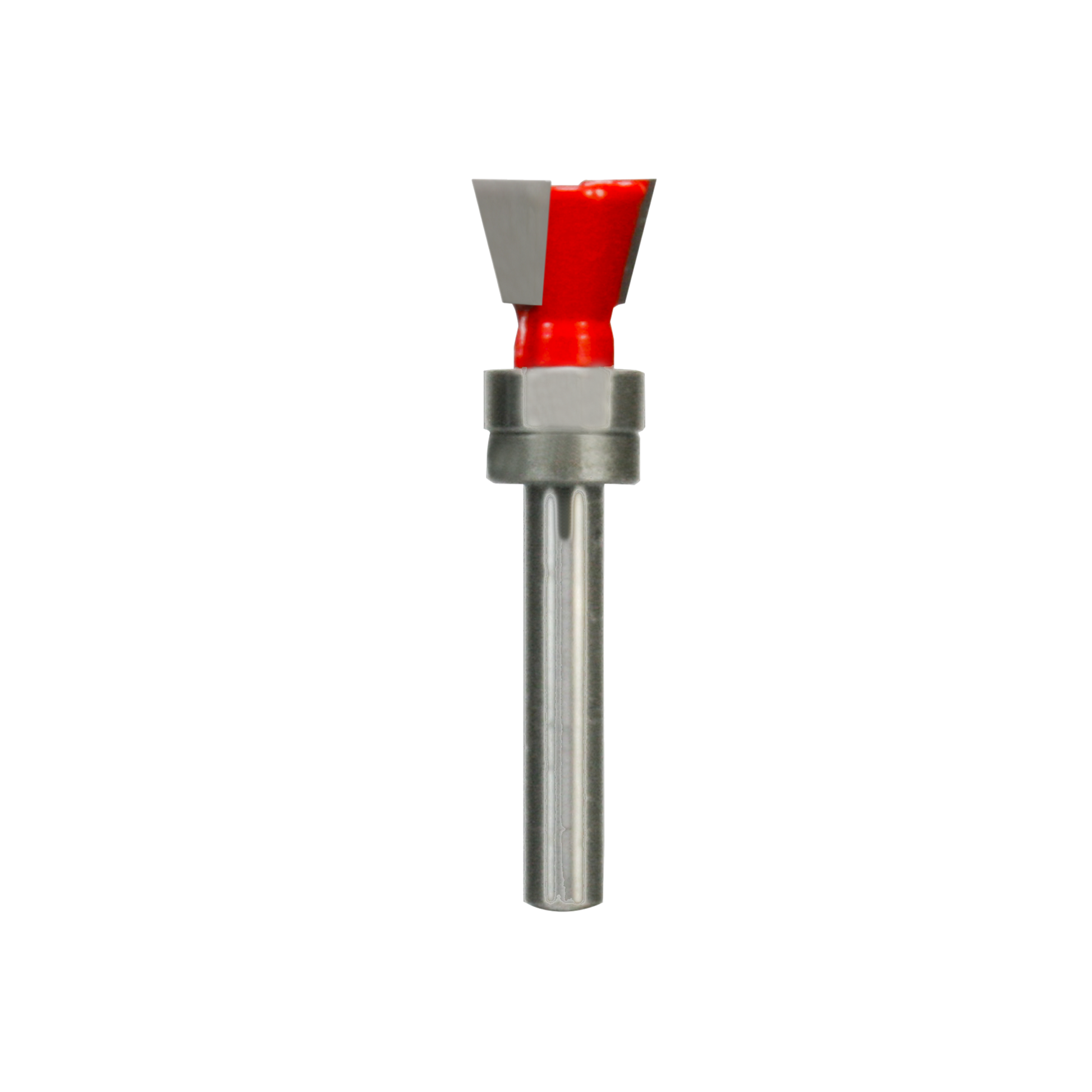 Dovetail router bit with red cutting head and metal shaft on white background.