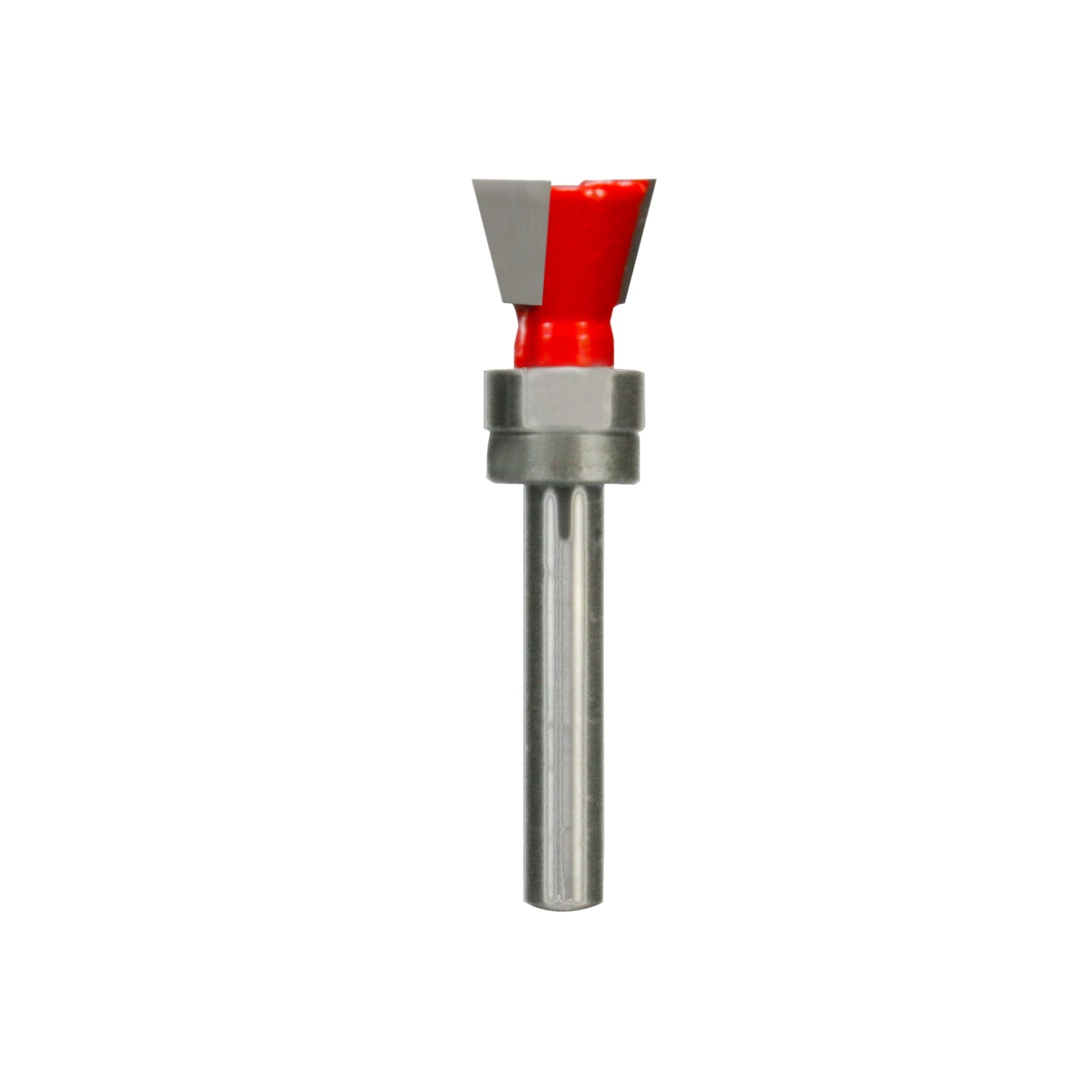 Dovetail router bit with red cutting head and metal shaft on white background.
