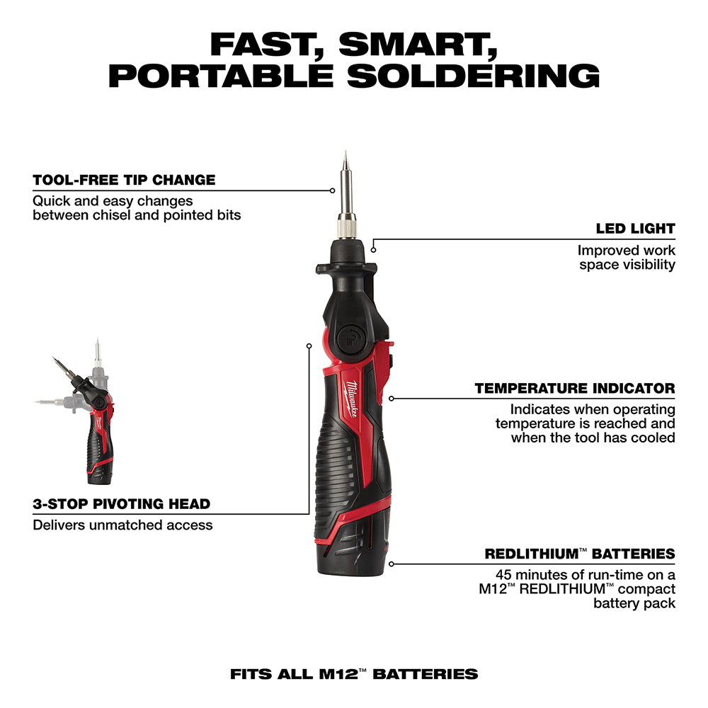 M12 cordless soldering iron with red and black body, LED work light, interchangeable tips, and pivoting head design.