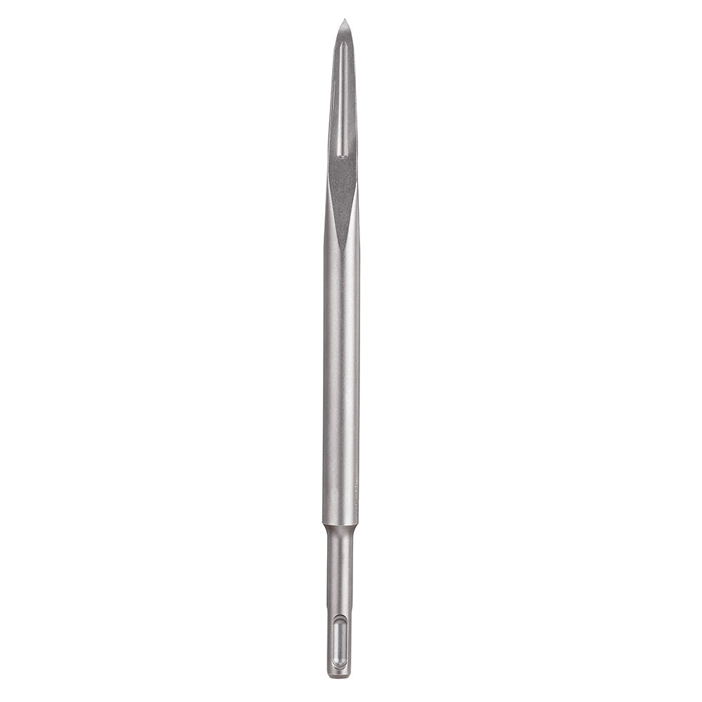 Steel SDS Plus bull point chisel with tapered shaft and pointed tip for demolition work.