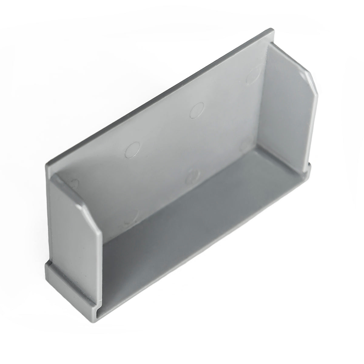 Gray linear drain component with rectangular basin, sloped sides, and mounting holes along interior walls.