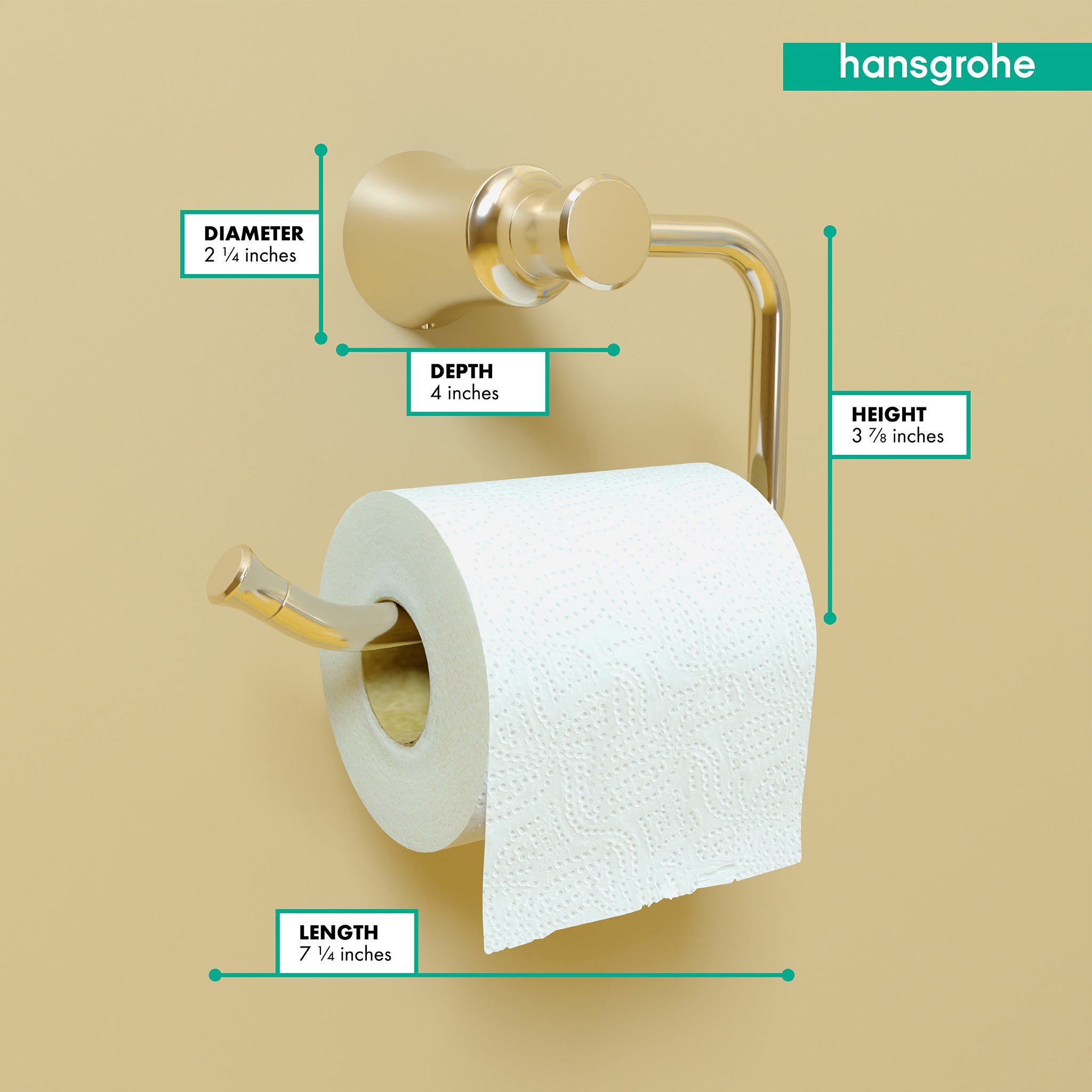 Polished nickel toilet paper holder with curved arm and knob finial, displayed with white toilet paper roll and dimension mea