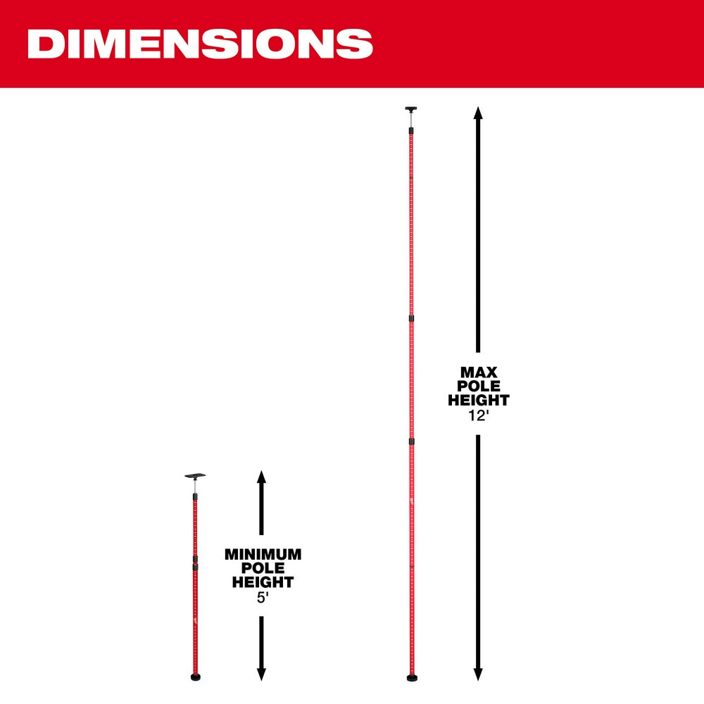 Telescoping laser pole shown in collapsed 5-foot and extended 12-foot positions with dimension measurements.