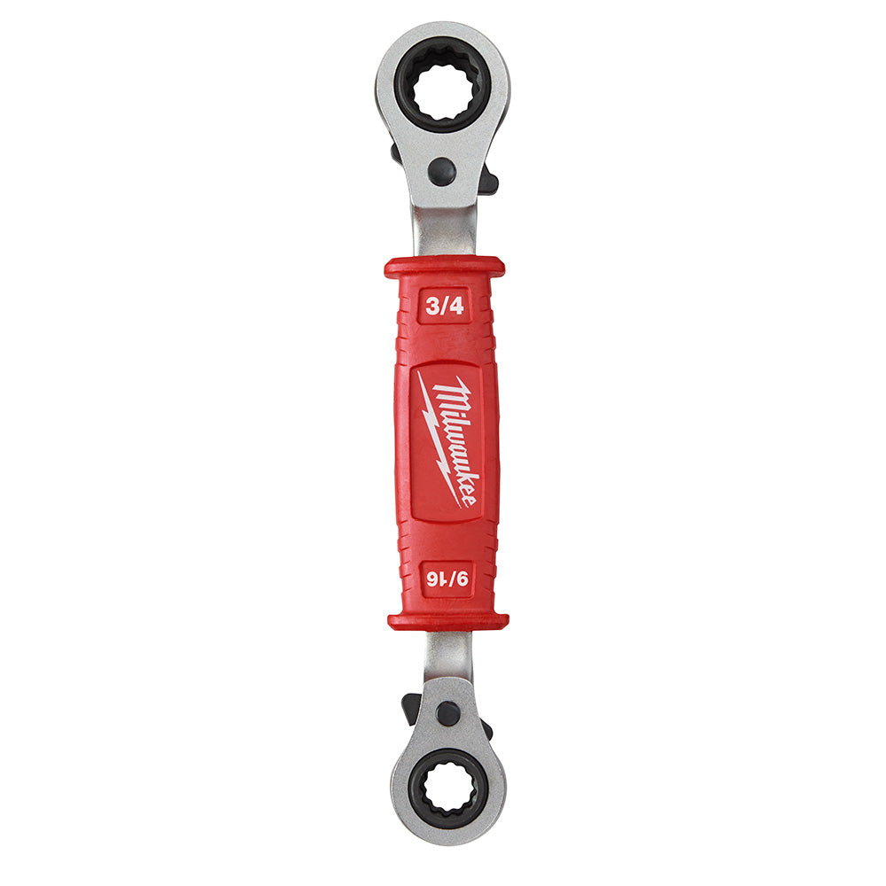 Red and silver ratcheting box wrench with dual wrench heads and insulated grip, labeled 3/4 and 9/16.