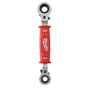 Red and silver ratcheting box wrench with dual wrench heads and insulated grip, labeled 3/4 and 9/16.