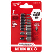 Milwaukee Shockwave 8-piece metric hex impact bit set with 1 inch length bits on red packaging.