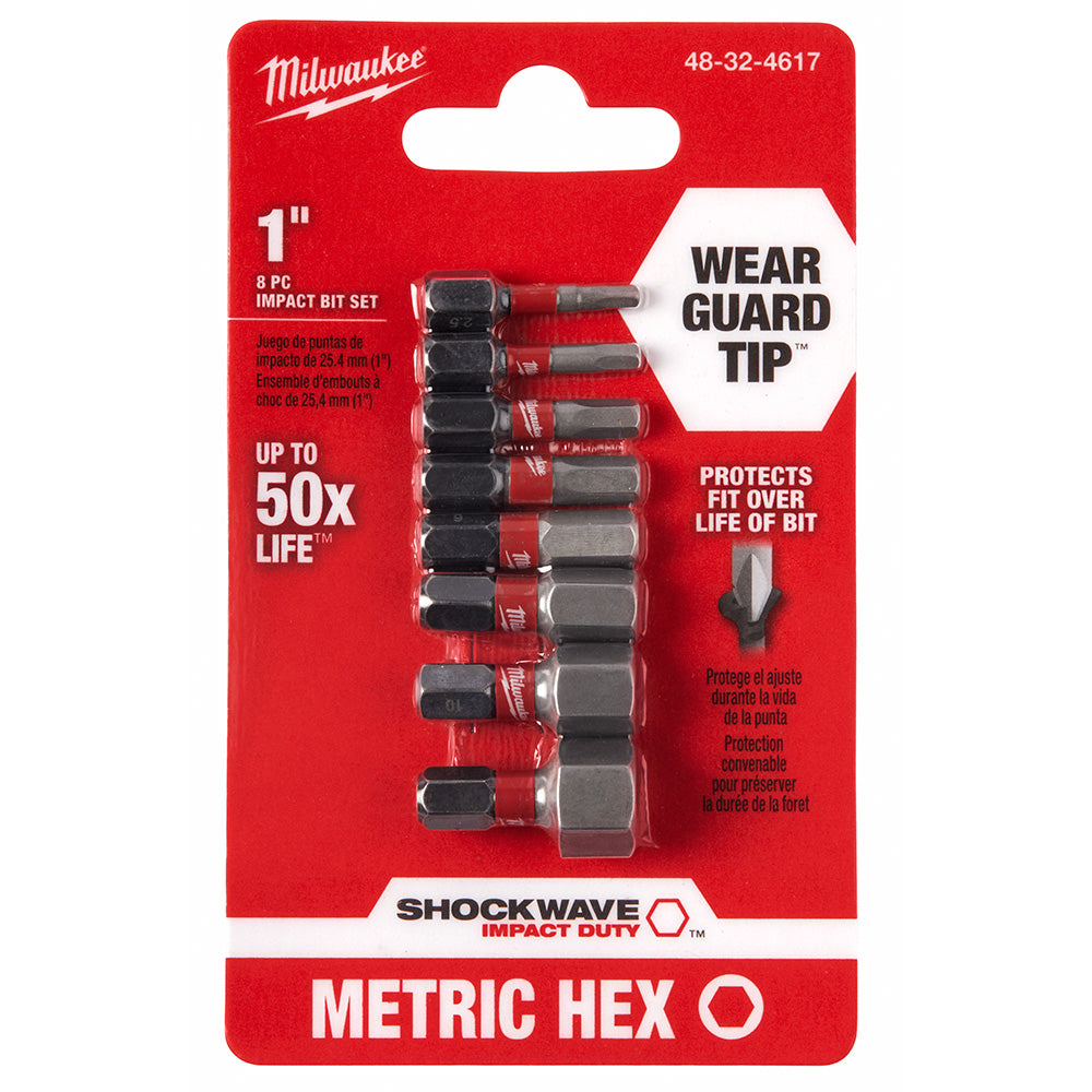 Milwaukee Shockwave 8-piece metric hex impact bit set with 1 inch length bits on red packaging.