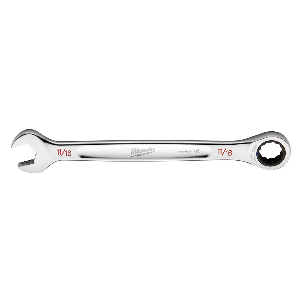 Chrome 11/16 inch SAE ratcheting combination wrench with open end on left and ratcheting head on right.
