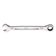 Chrome 11/16 inch SAE ratcheting combination wrench with open end on left and ratcheting head on right.