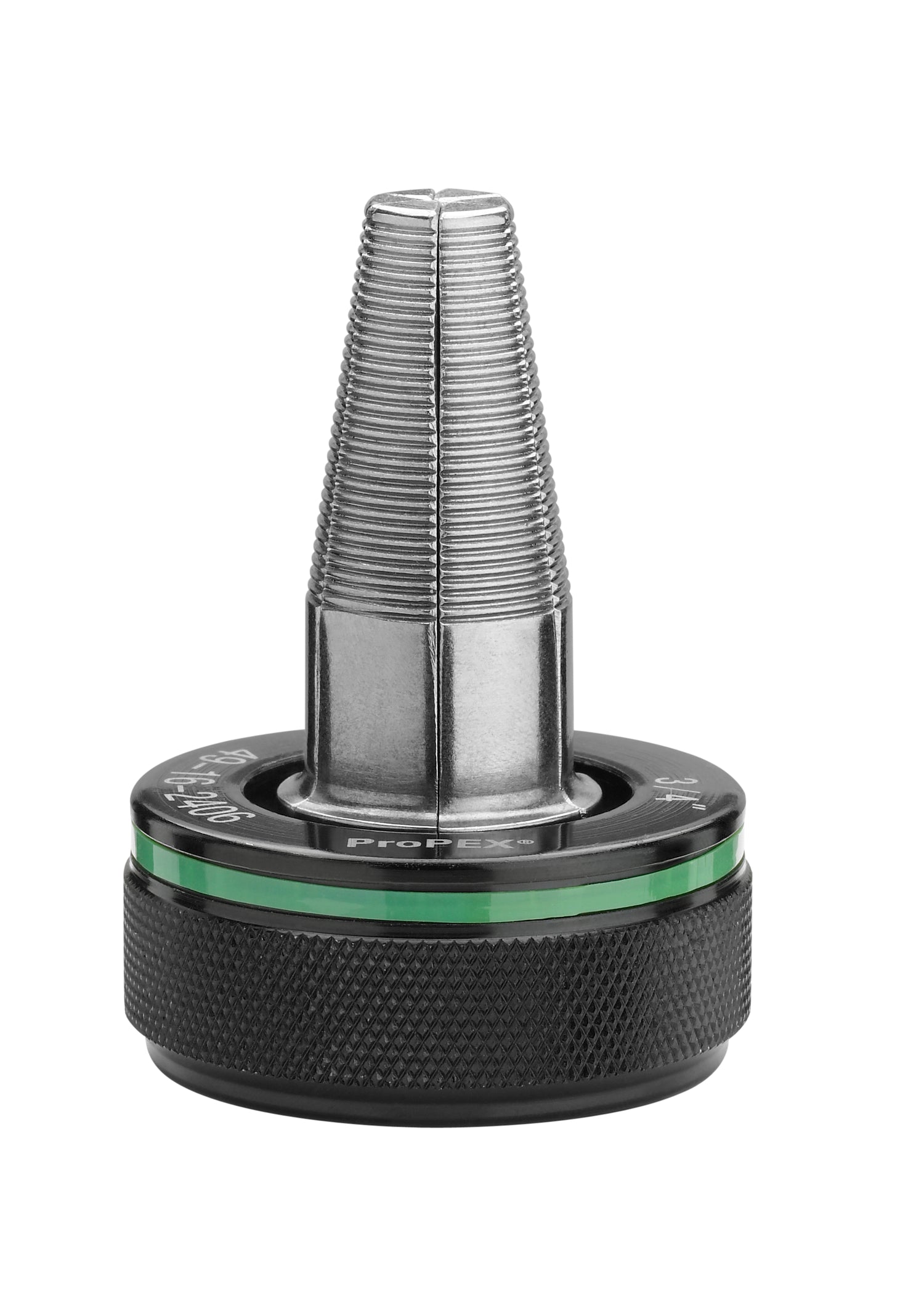 Milwaukee ProPEX expansion head with threaded cone tip, black rubber grip base, and green band marking.