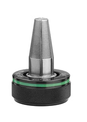 Milwaukee ProPEX expansion head with threaded cone tip, black rubber grip base, and green band marking.