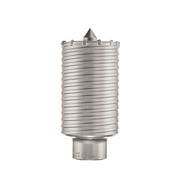 Metal core bit with cylindrical ribbed body, pointed tip, and threaded base connection.