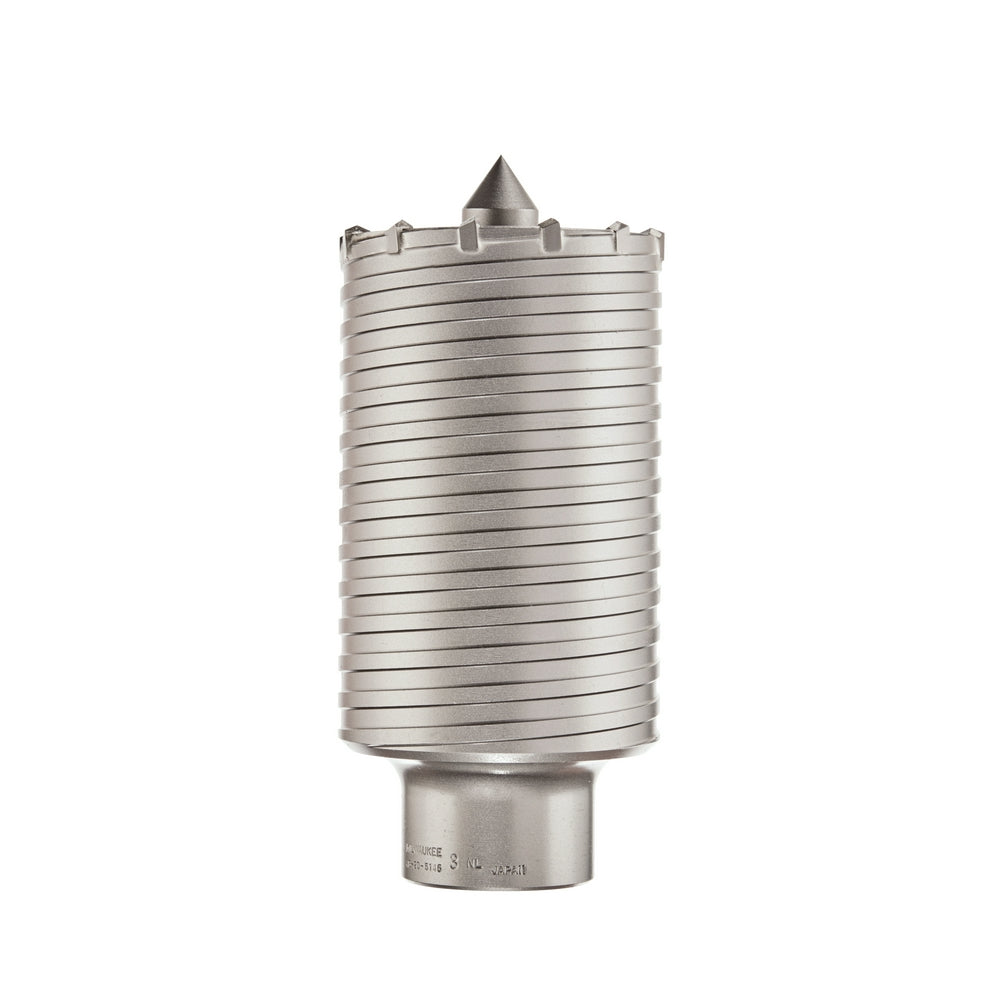 Metal core bit with cylindrical ribbed body, pointed tip, and threaded base connection.