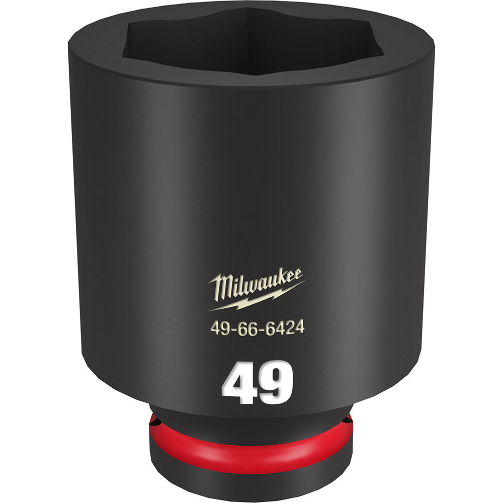 Black Milwaukee deep socket with 6-point opening, red grip band, and model number 49-66-6424 printed on body.