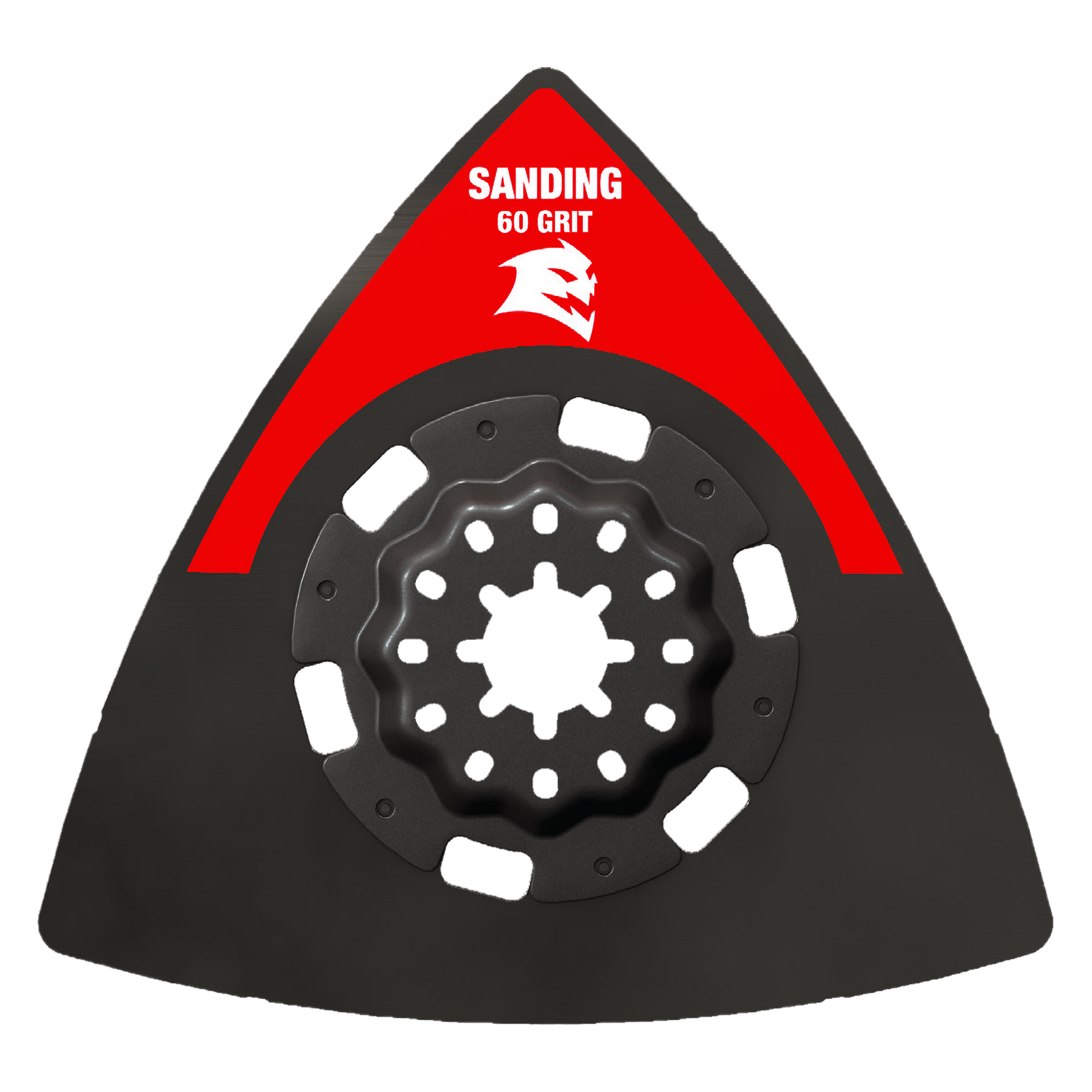 Black triangular sanding plate with red label marked "Sanding 60 Grit" and Starlock center attachment with white mounting pad
