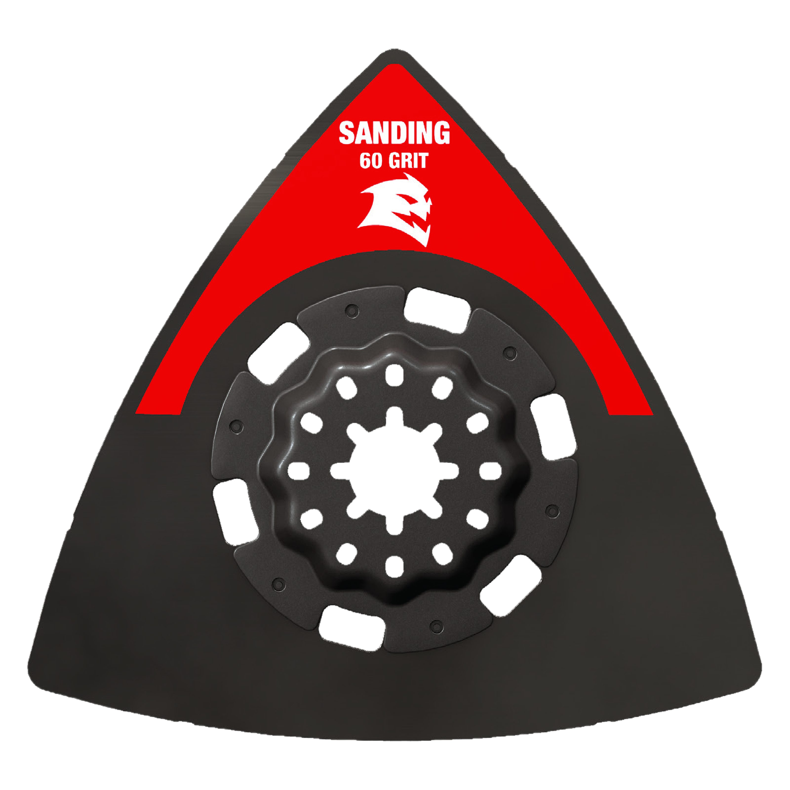 Black triangular sanding plate with red label marked "Sanding 60 Grit" and Starlock center attachment with white mounting pad
