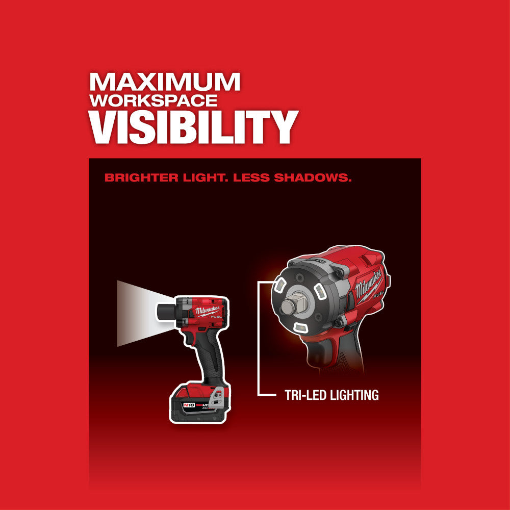 Red and black Milwaukee M18 impact wrench with friction ring shown from front angle, highlighting tri-LED lighting feature.