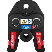 Black and silver 1/2" Streamline ACR press jaw with two circular contact points, mounting hole, and red M18 compatibility lab