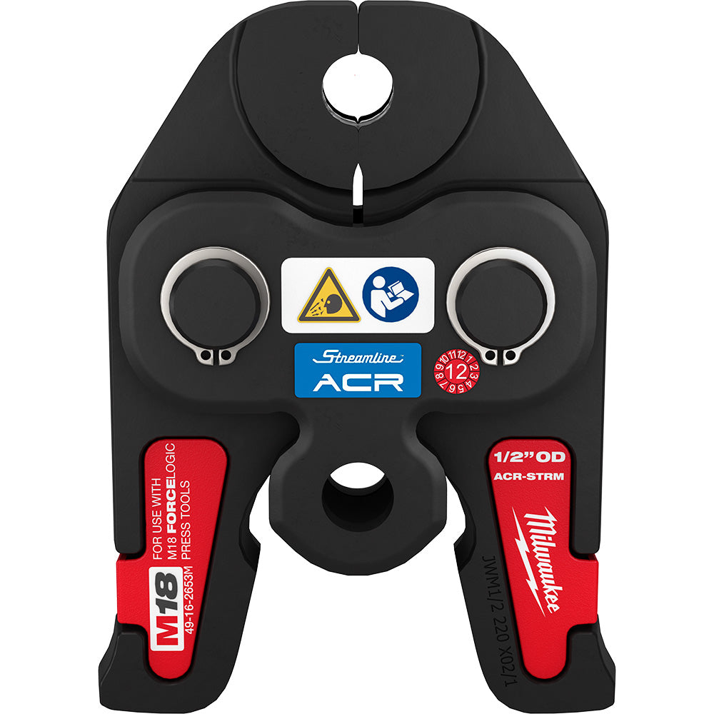 Black and silver 1/2" Streamline ACR press jaw with two circular contact points, mounting hole, and red M18 compatibility lab