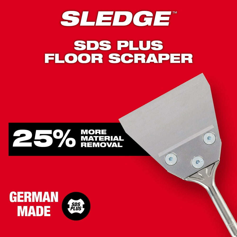 Milwaukee SLEDGE SDS Plus floor scraper with 5" x 10" steel blade and metal handle on red background.