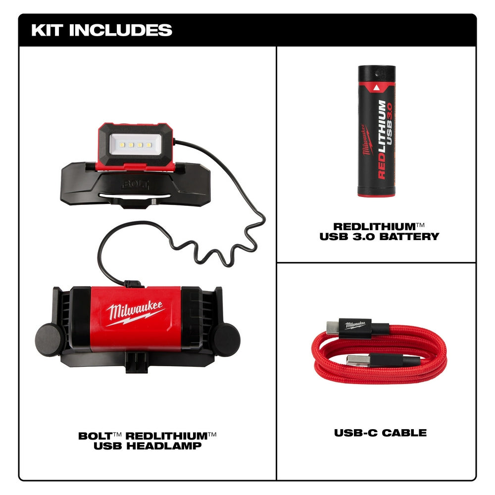 Milwaukee BOLT headlamp with red and black body, LED light panel, REDLITHIUM battery, and red USB-C charging cable.