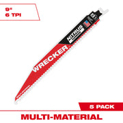 Milwaukee WRECKER 9" reciprocating saw blade with Nitrus Carbide teeth, 6 TPI, red and black design.