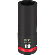 Black deep socket with hexagonal opening, red band at base, Milwaukee branding and "19" marking visible.
