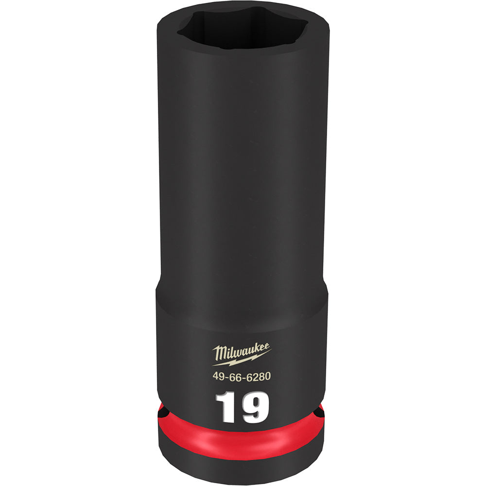 Black deep socket with hexagonal opening, red band at base, Milwaukee branding and "19" marking visible.
