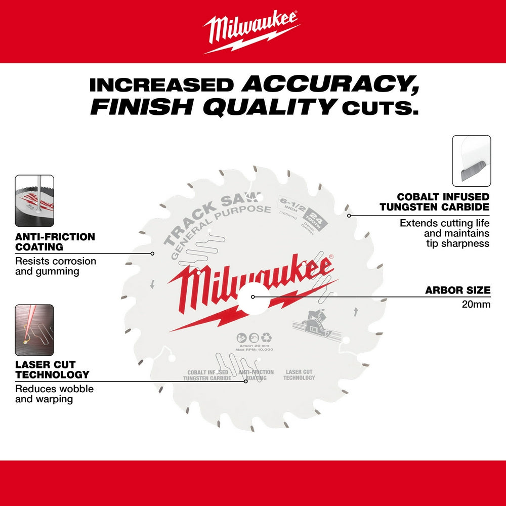 Milwaukee 6-1/2" circular saw blade with 24 teeth, cobalt tungsten carbide tips, and 20mm arbor hole.