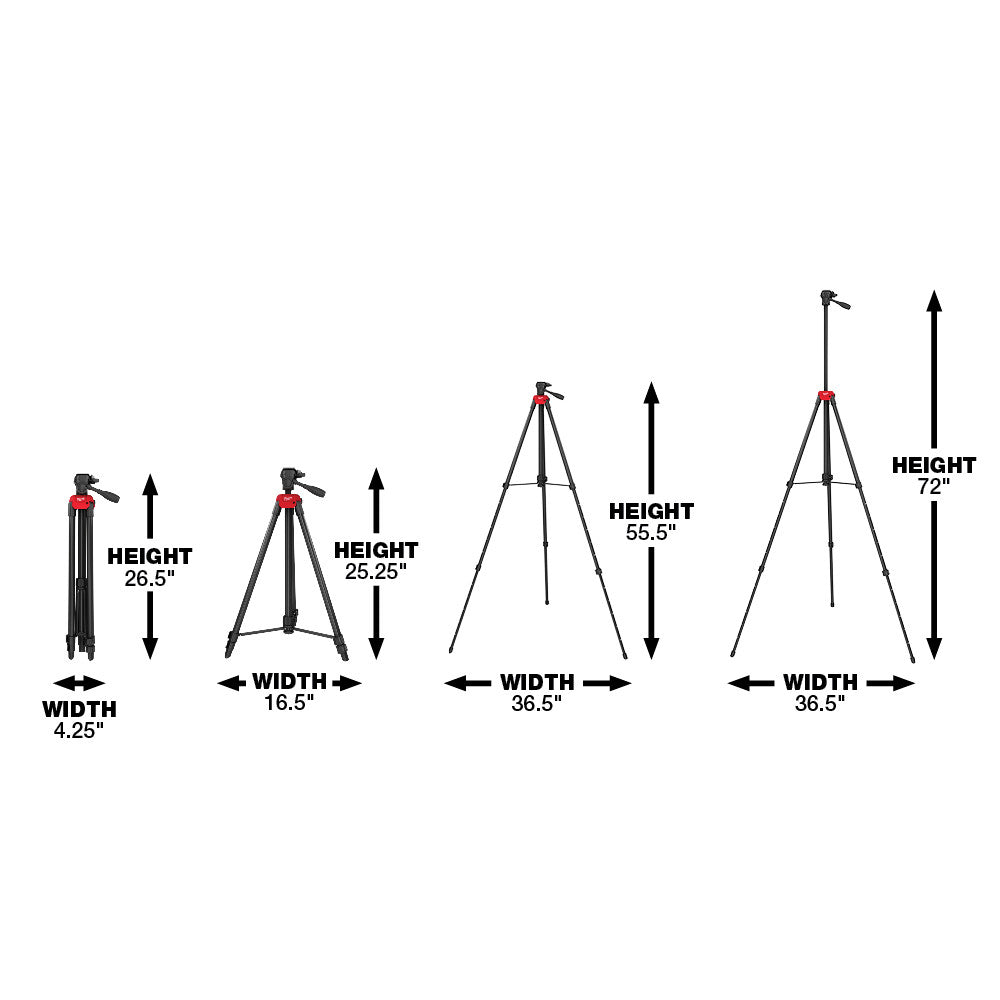 Milwaukee laser level tripod shown in five adjustment positions, extending from 26.5 inches to maximum 72 inches height with 