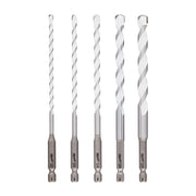 Five carbide drill bits with twist flutes and hex shanks in varying sizes, arranged in a row.
